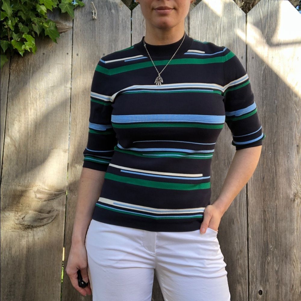 GREY Jason Wu Mock Neck Striped Knit Top S Dark Academia Preppy Eclectic Grandpa